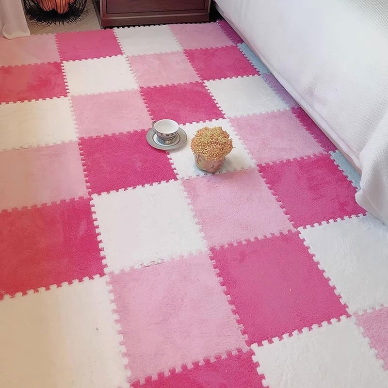 Typutomi 12pcs Plush Puzzle Foam Floor Mat, Cute Soft Fluffy Interlocking Square Foam Tiles Area Rugs Carpet for Parlor Bedroom Decoration(11.8x11.8x0.4in, Rose Red&Pink&White) - Image 5